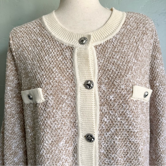 J. Jill Women’s Luxe Contrast Trimmed Knit Sweater Jacket Beige Cream Large EUC - Picture 4 of 8